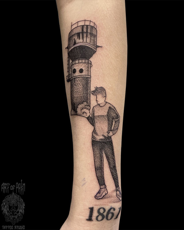 Татуировка женская графика на руке человек и архитектура – Мастер тату: Анастасия Кузнецова