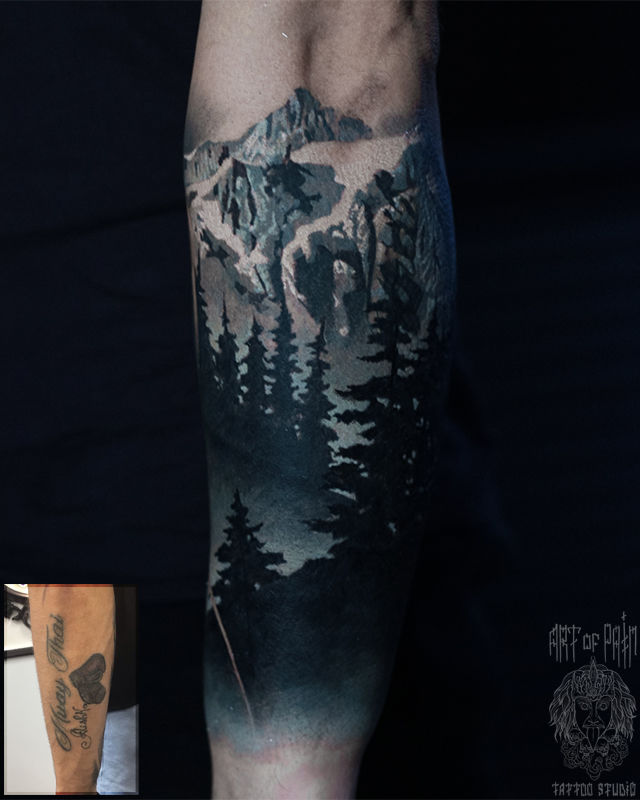 Татуировка мужская реализм на предплечье лес кавер – Мастер тату: Александр Pusstattoo