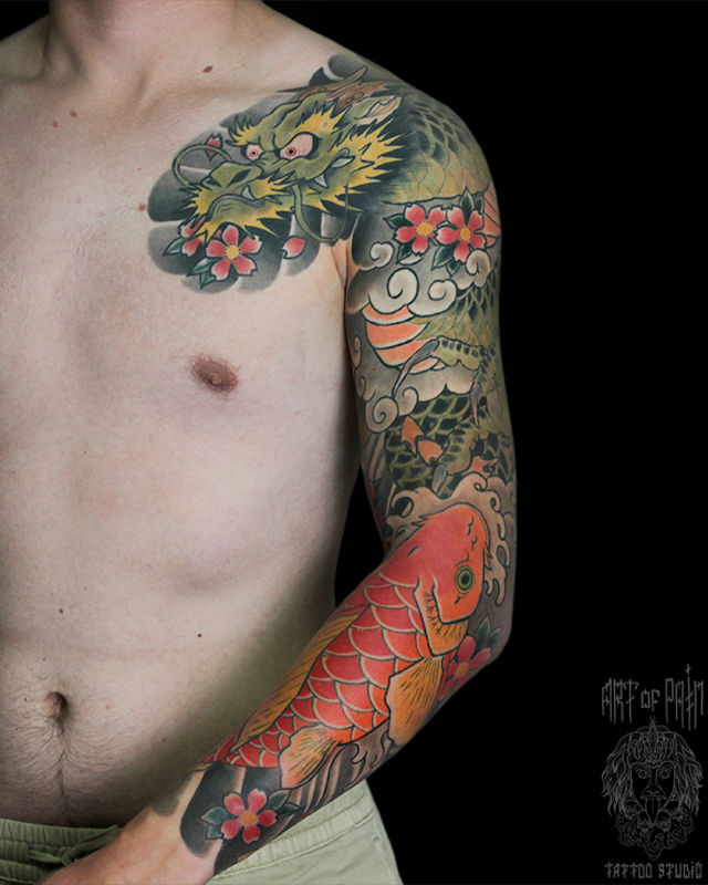 Татуировка мужская япония тату-рукав зеленый дракон и карп – Мастер тату: Марк Акулов