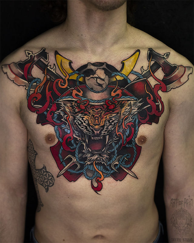 Татуировка мужская япония на груди тигр-воин – Мастер тату: 