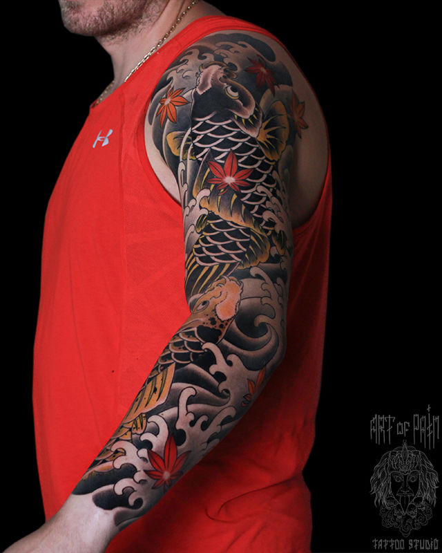 Татуировка мужская япония тату-рукав карпы – Мастер тату: Марк Акулов