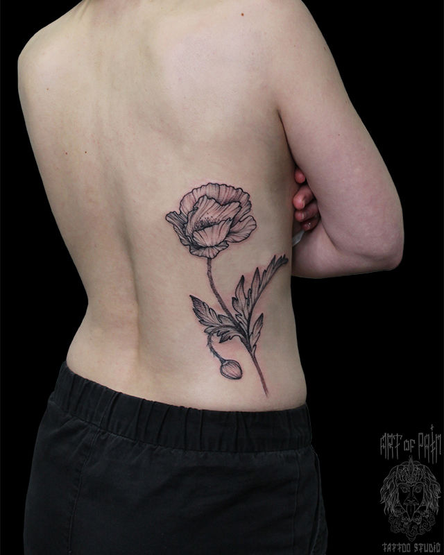 Татуировка женская графика мак на боку и спине – Мастер тату: Надежда Полякова