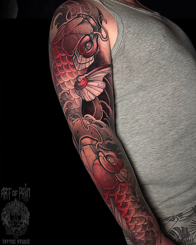 Татуировка мужская япония тату-рукав карпы – Мастер тату: Денис Марченко