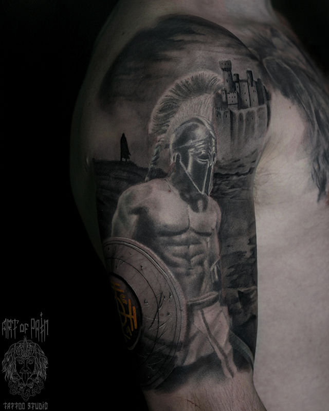 Татуировка мужская реализм на плече воин – Мастер тату: Александр Pusstattoo