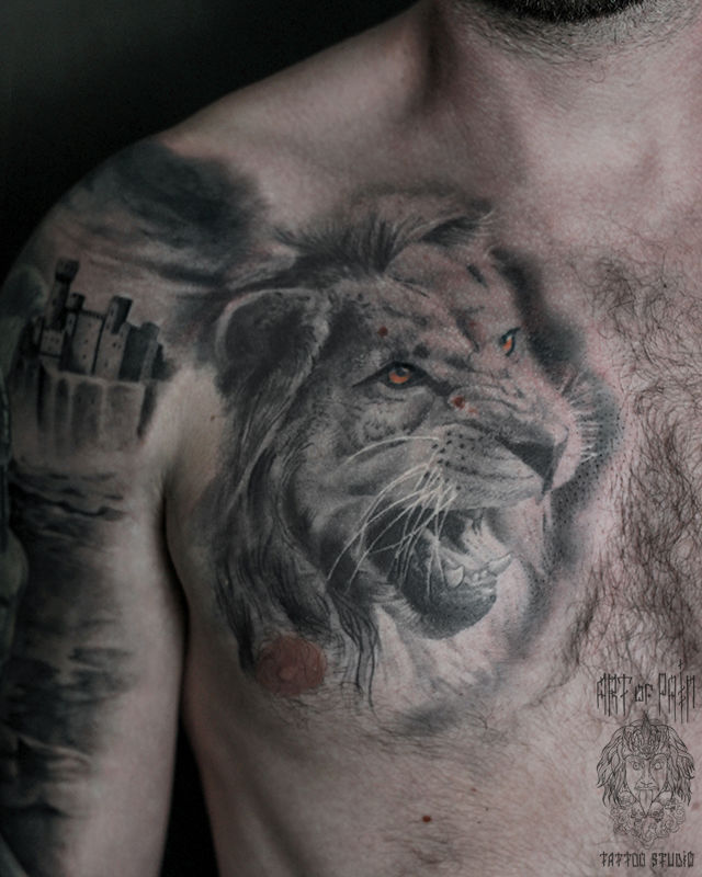Татуировка мужская реализм на груди лев – Мастер тату: Александр Pusstattoo