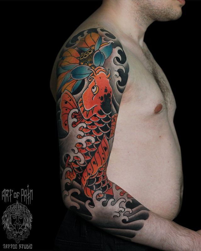 Татуировка мужская япония тату-рукав карп, голубой лотос – Мастер тату: Марк Акулов