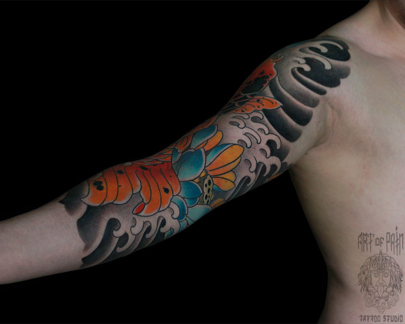 Татуировка мужская япония тату-рукав карп, лотосы – Мастер тату: Марк Акулов