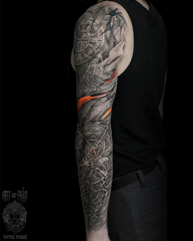 Татуировка мужская реализм тату-рукав орнамент, пламя, земля – Мастер тату: Александр Pusstattoo