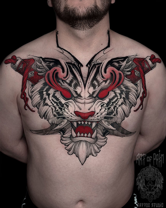 Татуировка мужская япония на груди тигр и огонь – Мастер тату: Денис Марченко