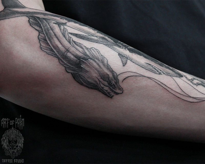 Татуировка мужская графика на предплечье мурена – Мастер тату: Мария Челнокова