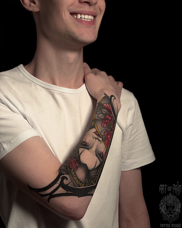 Татуировка мужская нео-япония на предплечье гейша – Мастер тату: Денис Марченко