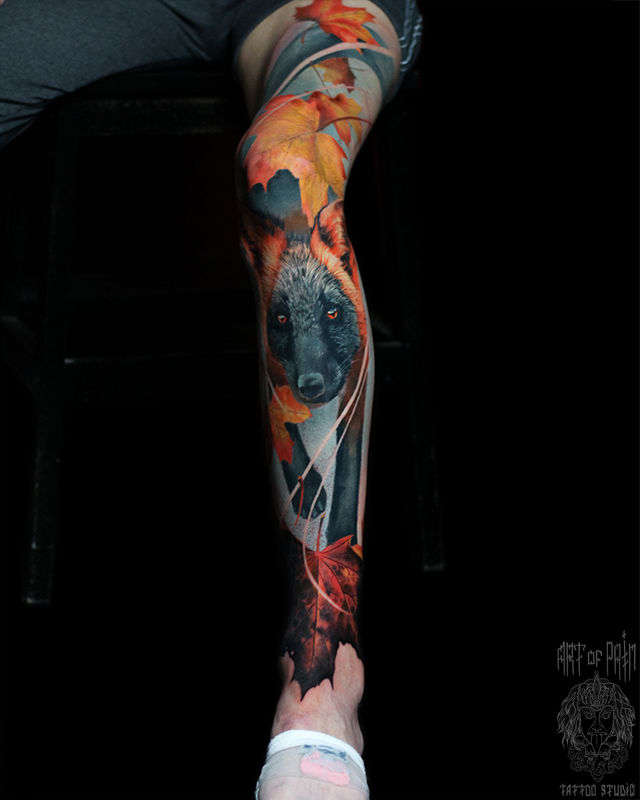 Татуировка мужская реализм на ноге лиса – Мастер тату: Александр Pusstattoo