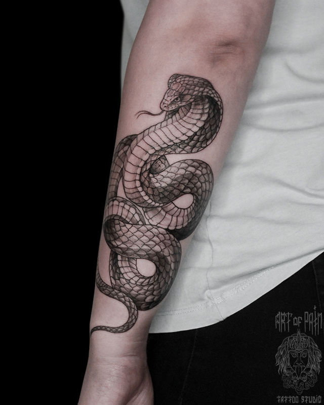 Татуировка женская графика на предплечье змея кобра – Мастер тату: Мария Челнокова