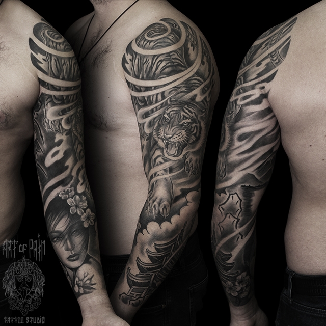 Татуировка мужская япония тату-рукав тигр, пагода, девушка – Мастер тату: Ольга Добрякова