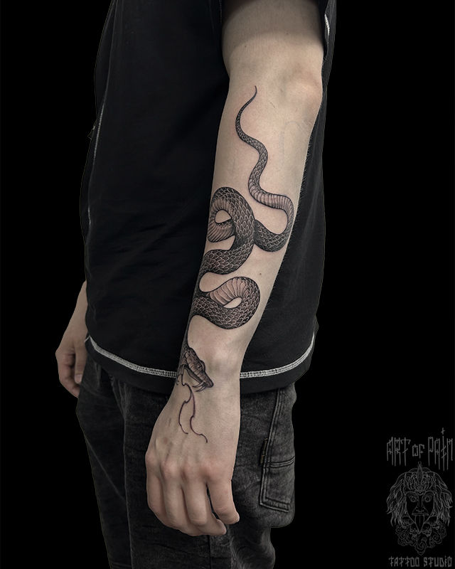 Татуировка мужская графика на предплечье змея – Мастер тату: Мария Бородина (Челнокова)