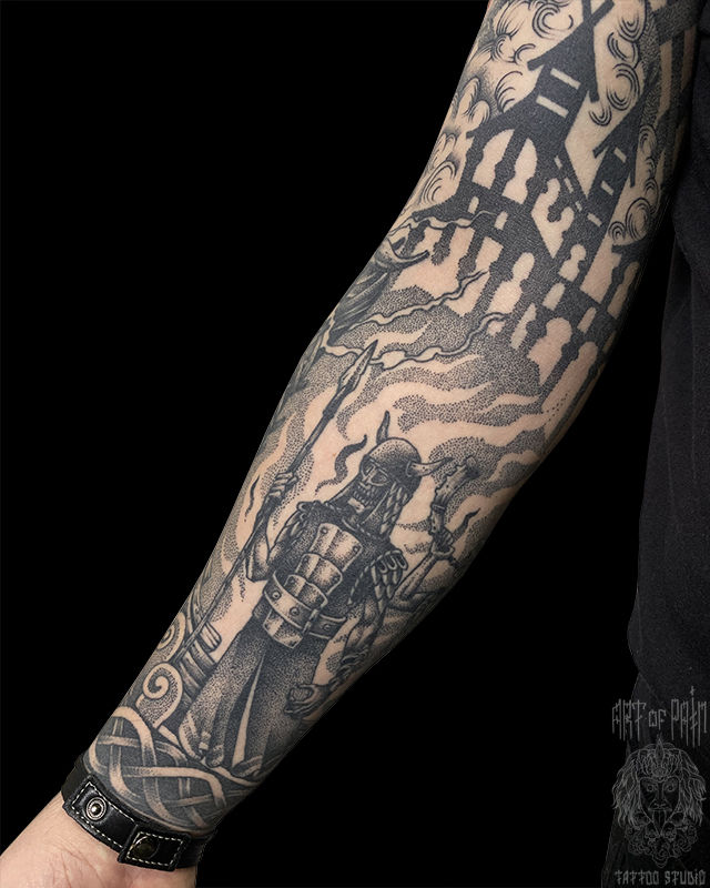 Татуировка мужская графика на предплечье призрак, скелет, демон, пожар – Мастер тату: Николай Орф