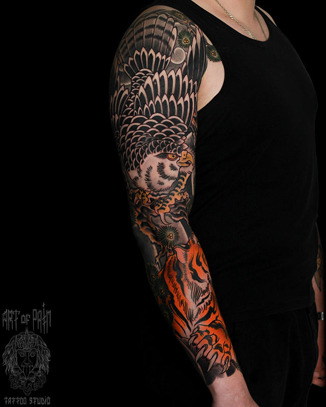 Татуировка мужская япония тату-рукав тигр и орел – Мастер тату: Марк Акулов