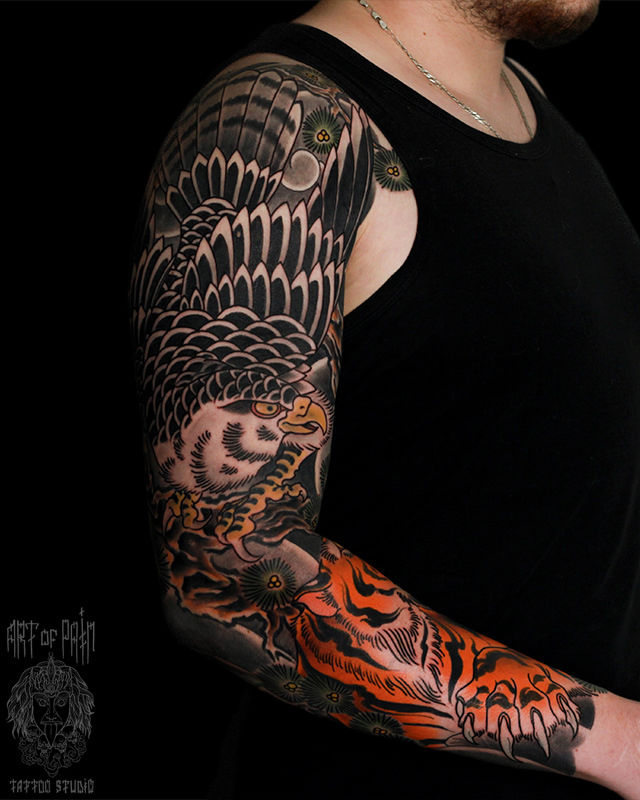 Татуировка мужская япония тату-рукав орел и тигр – Мастер тату: Марк Акулов