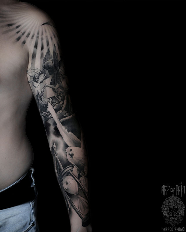 Татуировка мужская реализм тату-рукав ангелы, руки, часы – Мастер тату: Александр Pusstattoo