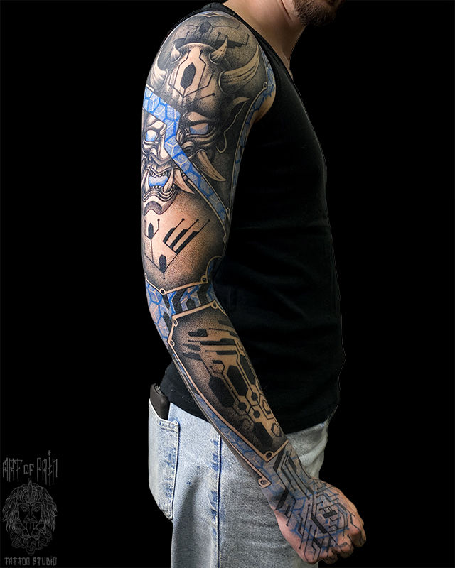 Татуировка мужская графика тату-рукав демон, маска, орнамент – Мастер тату: Николай Орф