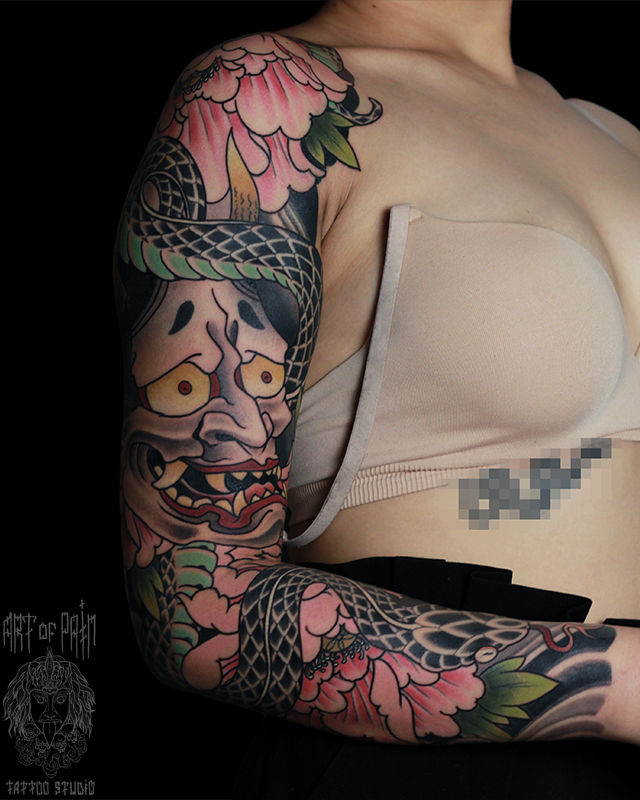 Татуировка женская япония тату-рукав ханья, змея, пионы – Мастер тату: Марк Акулов