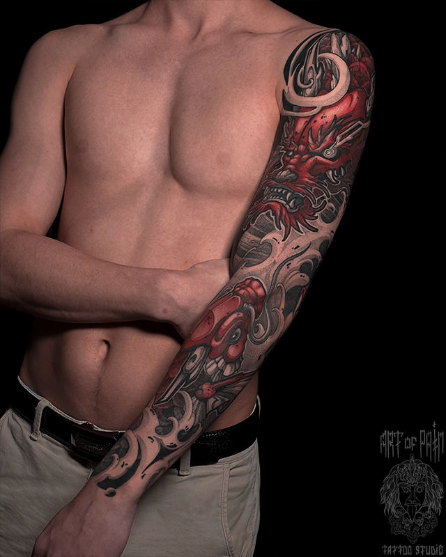 Татуировка мужская нео-япония тату-рукав дракон и карп – Мастер тату: Денис Марченко