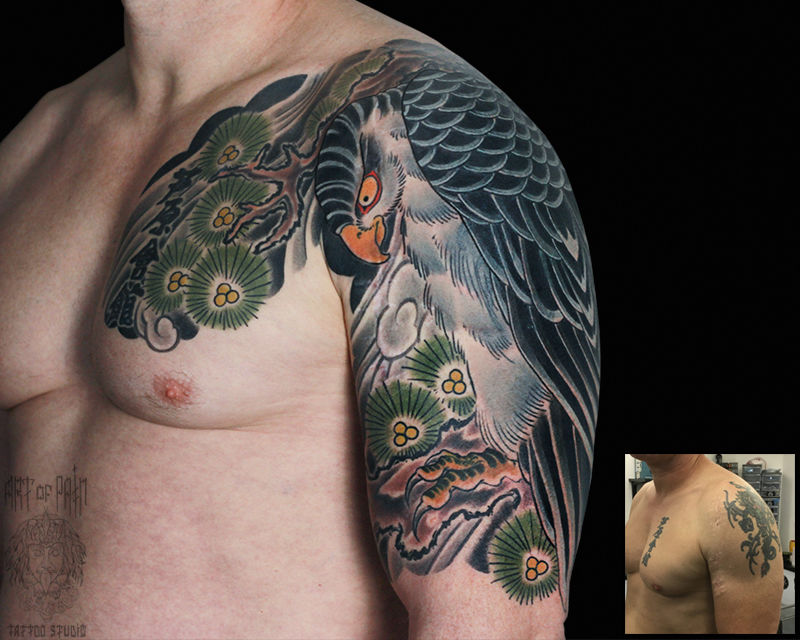 Татуировка мужская япония на плече орел перекрытие старой тату – Мастер тату: Марк Акулов