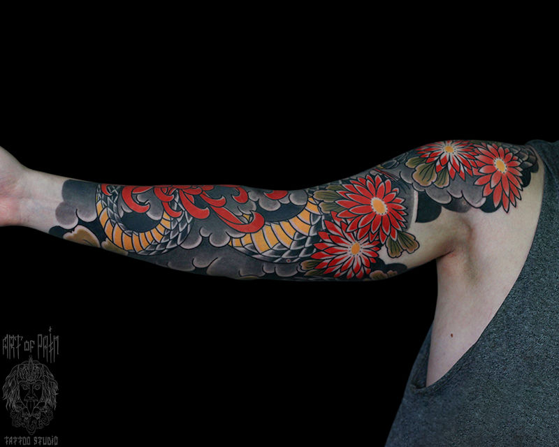 Татуировка мужская япония рукав хризантемы – Мастер тату: Марк Акулов