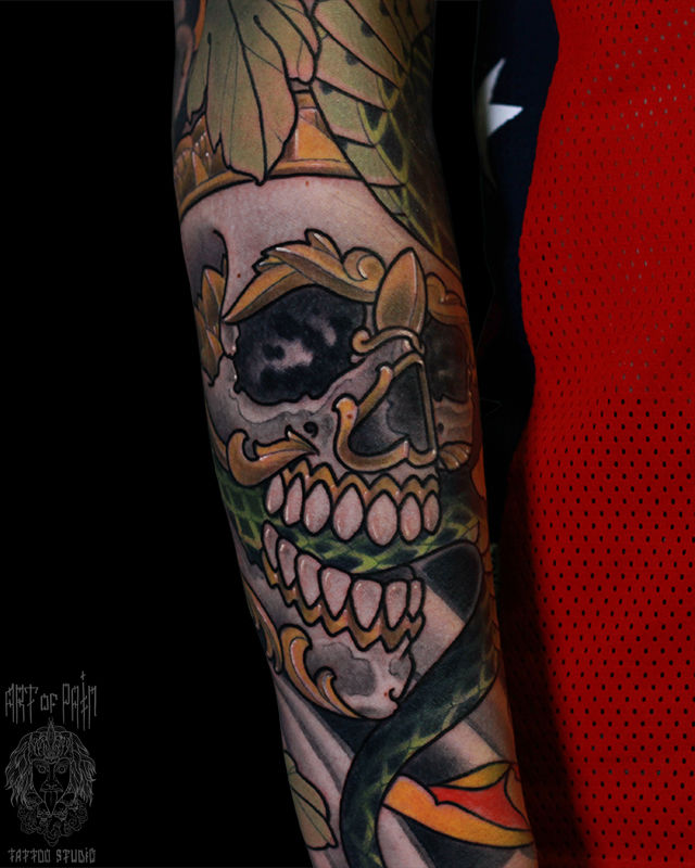 Татуировка мужская япония на предплечье череп – Мастер тату: Марк Акулов