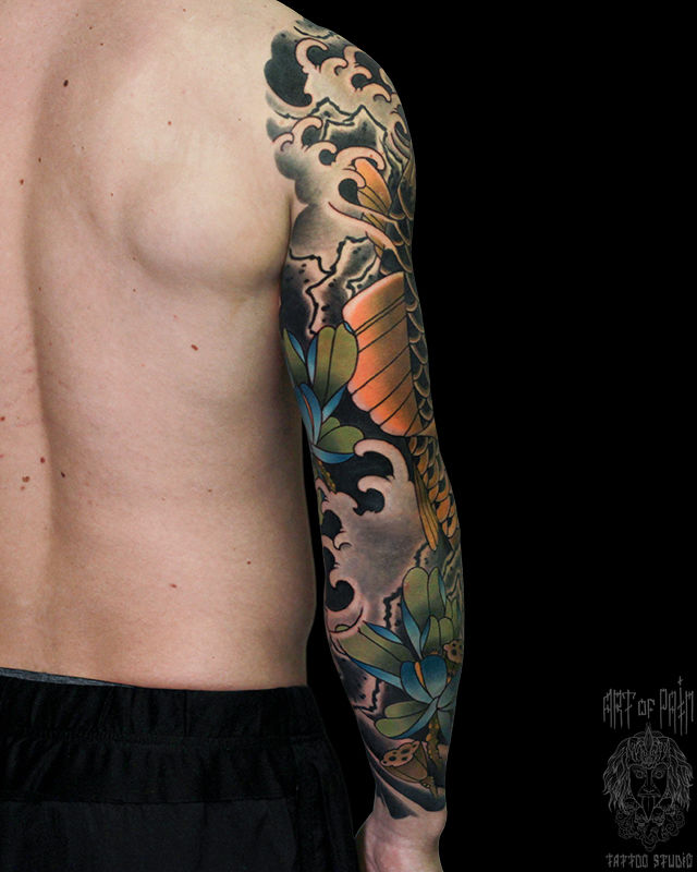 Татуировка мужская япония тату-рукав карп, лотосы, ханья – Мастер тату: Марк Акулов