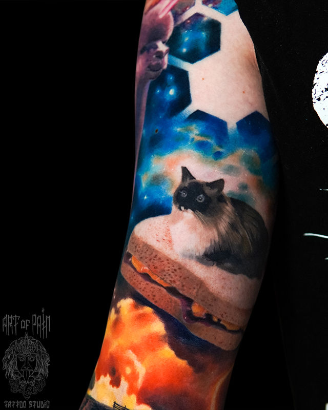 Татуировка мужская реализм на руке кот и космос – Мастер тату: Александр Pusstattoo