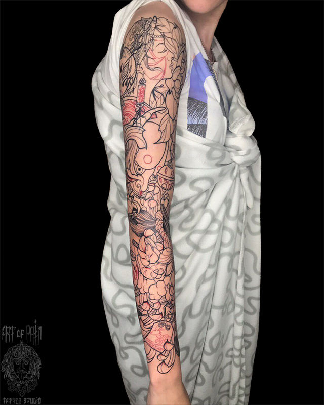 Татуировка женская япония тату-рукав девушка, демон и котики – Мастер тату: Аня Щука