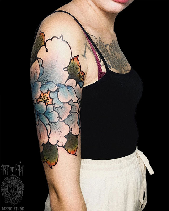 Татуировка женская япония на плече пион – Мастер тату: Аня Щука