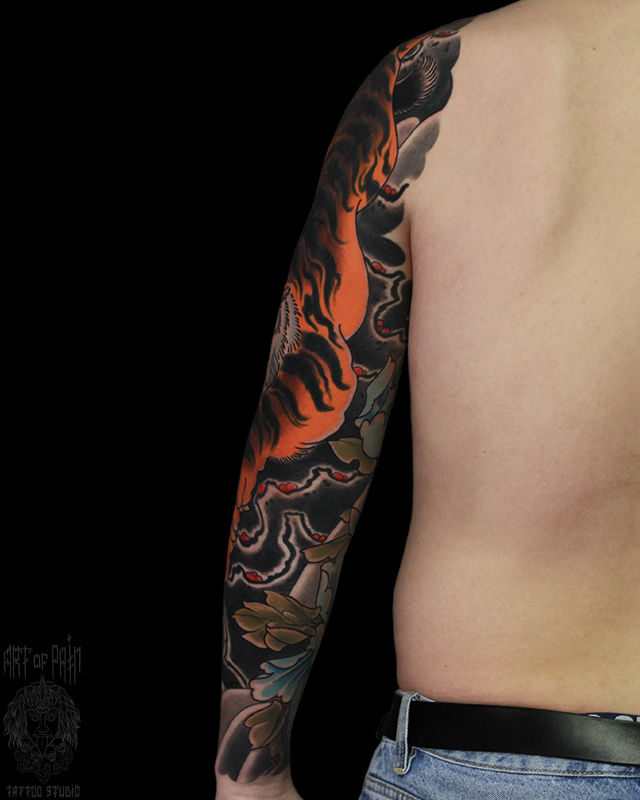 Татуировка мужская япония тату-рукав тигр, вид сзади – Мастер тату: Марк Акулов