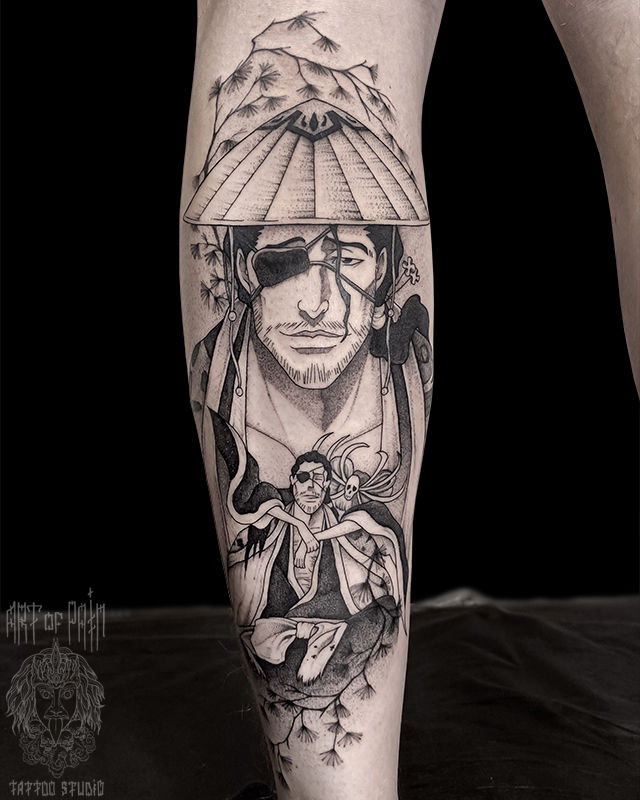 Татуировка мужская графика на голени самурай – Мастер тату: Мария Котова