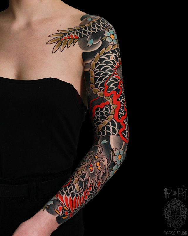 Татуировка женская япония тату-рукав дракон (вид спереди) – Мастер тату: Марк Акулов