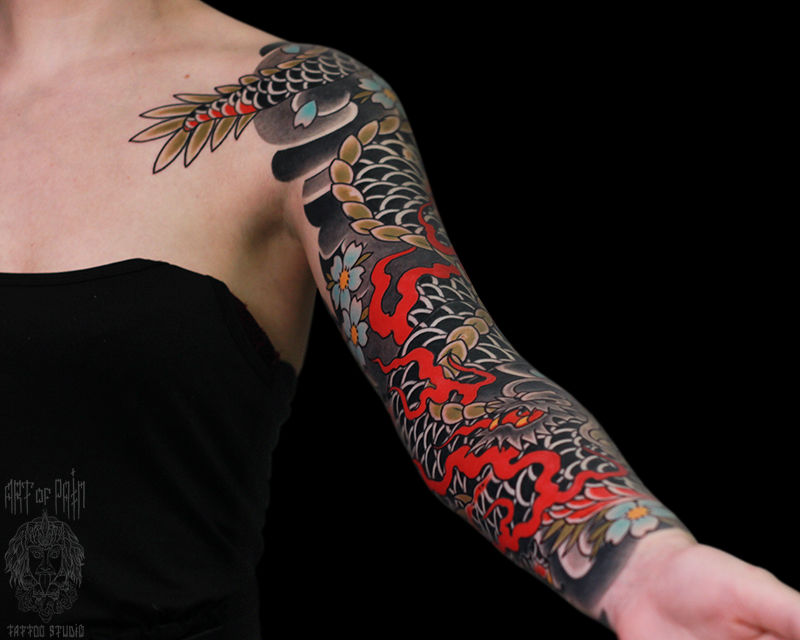 Татуировка женская япония тату-рукав дракон (внутренняя сторона руки) – Мастер тату: Марк Акулов
