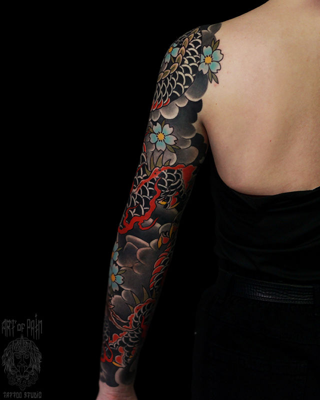 Татуировка женская япония тату-рукав дракон (вид сзади) – Мастер тату: Марк Акулов