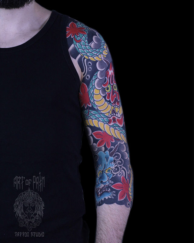 Татуировка мужская япония тату-рукав демон и змея – Мастер тату: Марк Акулов