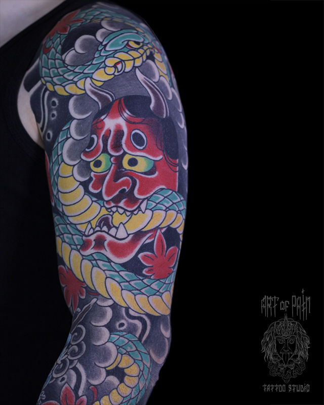 Татуировка мужская япония на плече демон и змея – Мастер тату: Марк Акулов
