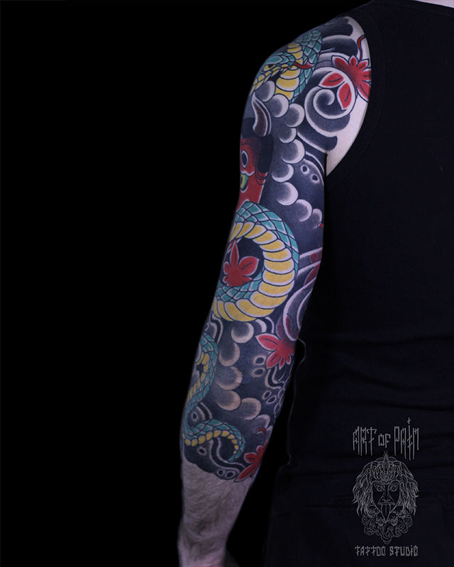 Татуировка мужская япония тату-рукав демон и змея – Мастер тату: Марк Акулов