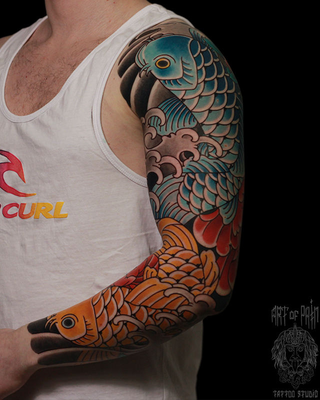 Татуировка мужская япония тату-рукав карпы и пионы – Мастер тату: Марк Акулов