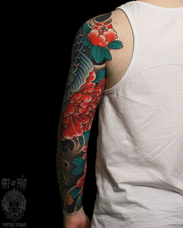 Татуировка мужская япония тату-рукав карпы, пионы – Мастер тату: Марк Акулов