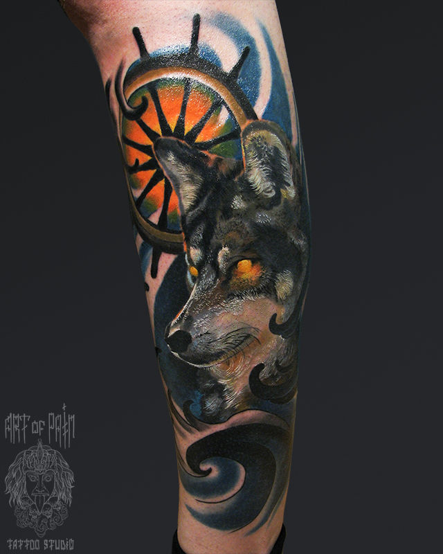 Татуировка мужская нью-скул на голени волк – Мастер тату: Александр Pusstattoo