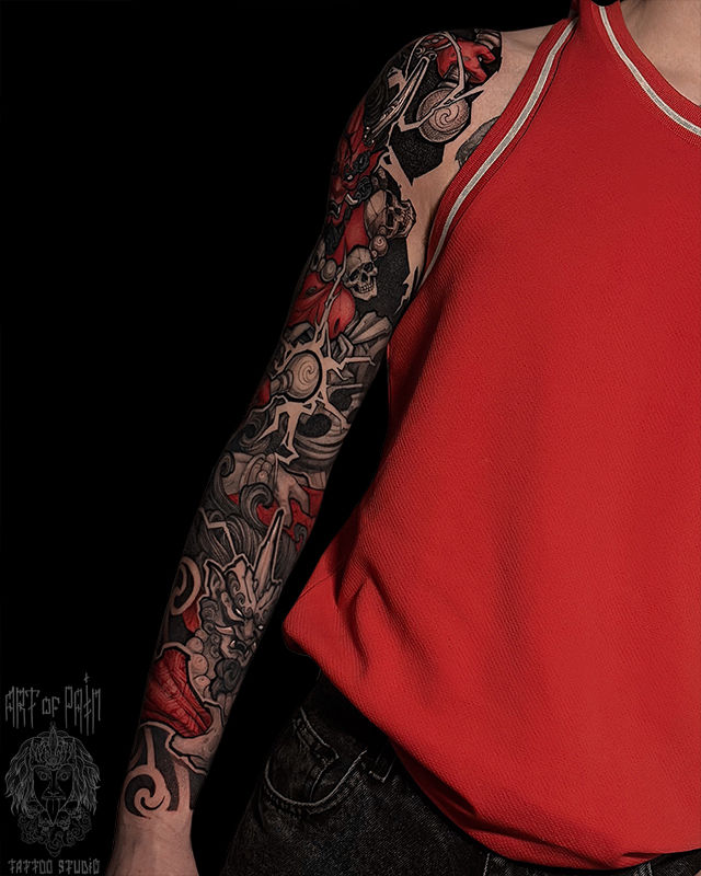 Татуировка мужская нео-япония тату-рукав Ондэко-мэн и демон – Мастер тату: Денис Марченко