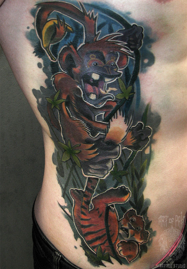Татуировка мужская нью-скул на боку тигр обезьяна – Мастер тату: Александр Pusstattoo