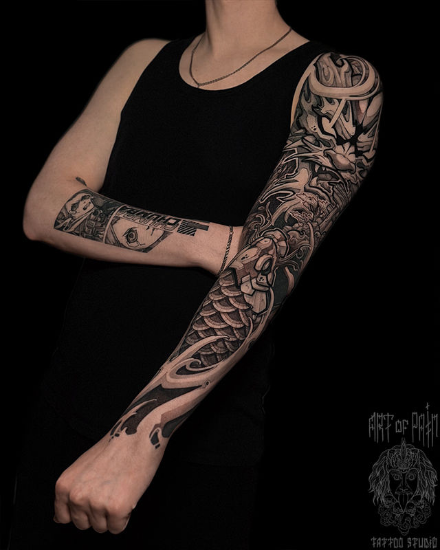 Татуировка мужская нео-япония тату-рукав дракон и карп – Мастер тату: Денис Марченко