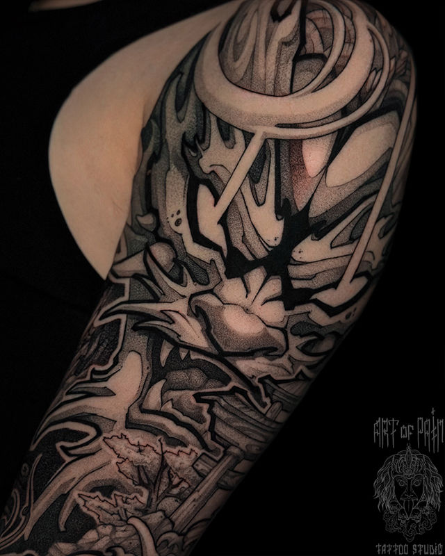 Татуировка мужская нео-япония на плече дракон – Мастер тату: Денис Марченко