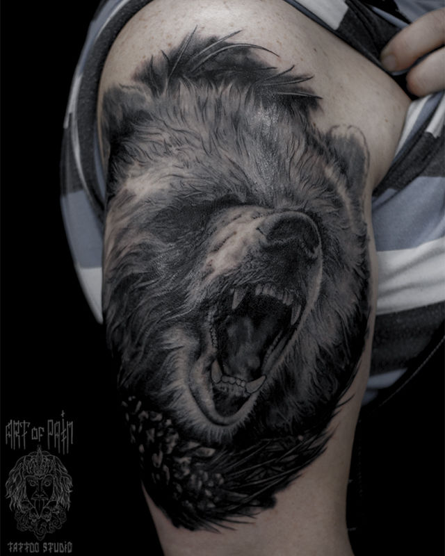 Татуировка мужская реализм на плече медведь и шишка – Мастер тату: 