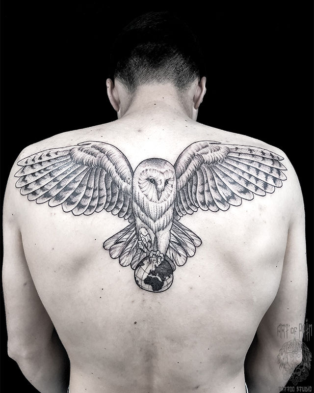 Татуировка мужская графика на спине сова – Мастер тату: Мария Котова